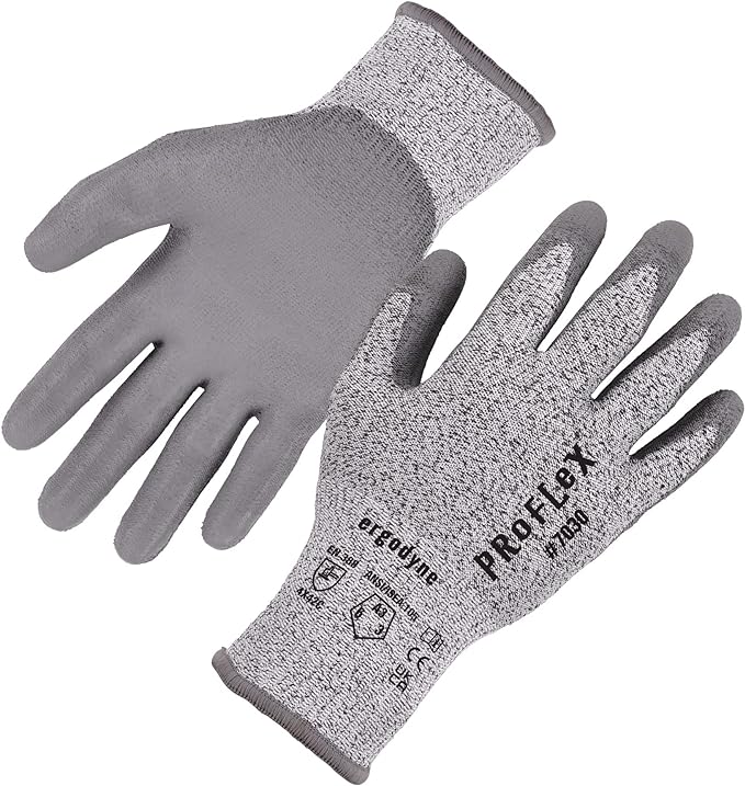 Ergodyne ProFlex 7030 Cut Resistant Work Gloves, ANSI A3, PU Coated Palms for Flexible No Slip Grip, Abrasion Resistant, 13g, Gray, Medium