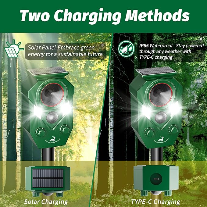 Solar-Powered Ultrasonic Animal Repellent with Motion Sensor, Perfect for Outdoor Yards, Deer Repellent Device with LED Flashing Lights, Effective to Repel Deer, Coyotes, Raccoons, and Cats