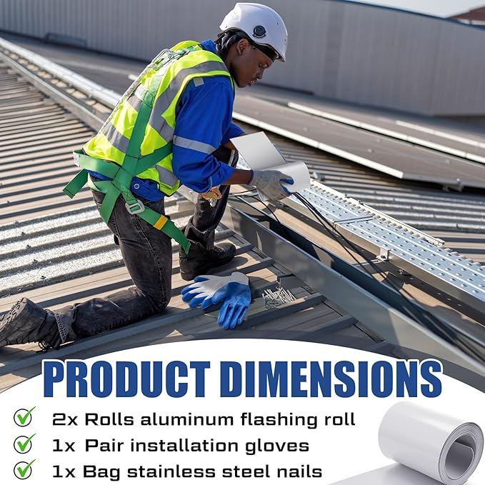 Tandefio 2 Rolls Aluminum Flashing Roll 8 Inch x 25 ft, 0.5 mm Thickness Roof Flashing Metal Flashing Aluminum Sheet Metal Roll with Cut Proof Gloves and Stainless Steel Nail for Roofing Stain