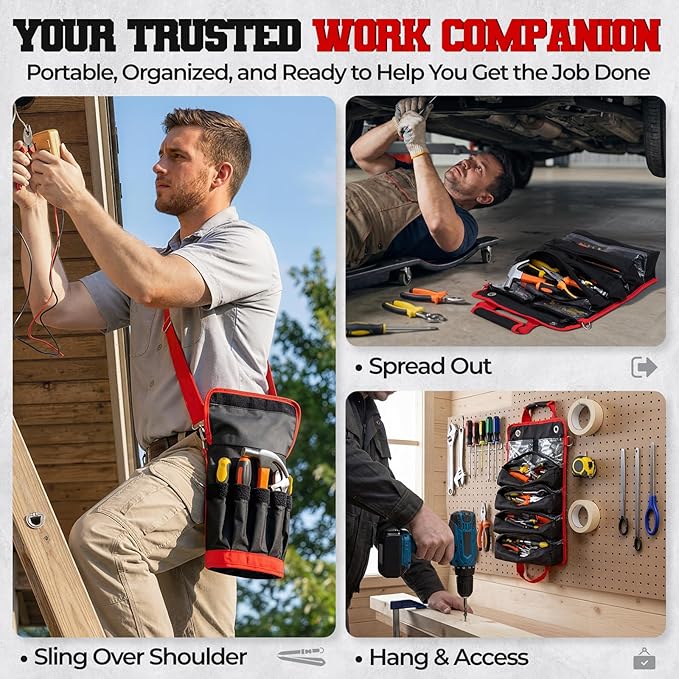 Roll Up Tool Bag, Heavy Duty See-Through Tool Roll Organizer with 2 Detachable Pouches, Portable Mechanic & Motorcycle Tool Bag, Birthday & Father’s Day Gift, Red