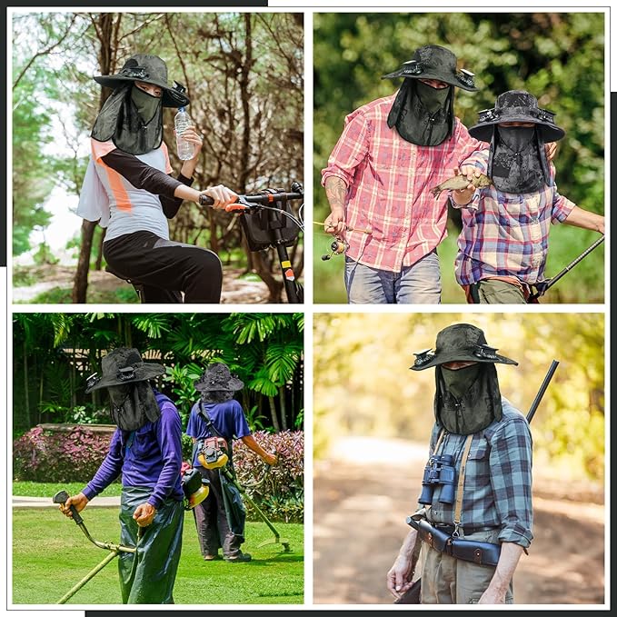 2 Pcs Solar Fan Hats Wide Brim Fishing Hats with 2 Solar Fan and Removable Face Cover Cooling Buckets for Men Women