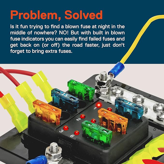 True Mods 6 Way Blade Fuse Box with Ground Negative Bus bar for Automotive [ATC/ATO Blade Fuses] [100 Amp] [LED] [Protection Cover] [12V - 30V DC] Auto Marine Ground Fuse Block