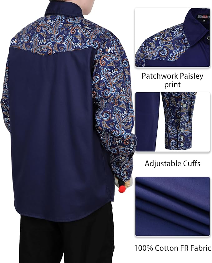 BOCOMAL FR Shirts Pearl Snaps Two Tone Plaid/Solid Flame Resistant Cotton Welding Shirt NFPA 2112 CAT 2