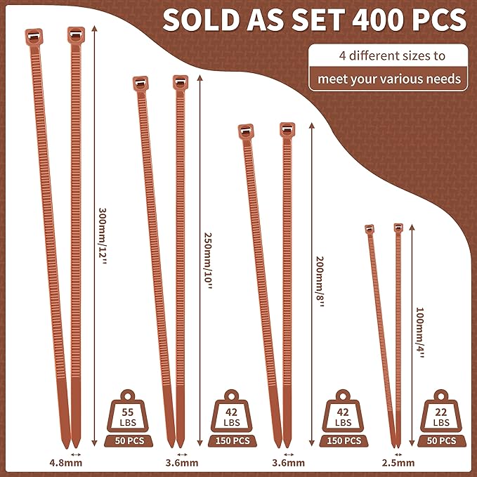 200pcs Brown Zip Ties, 12+10+8+4 Inch Heavy Duty Cable Ties with 55-22lb Strength, PA66 Self-Locking Nylon Wire Ties for Christmas Farming Fence Garden Trellis, UV Resistant