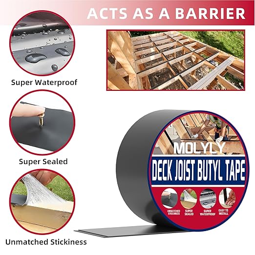 Deck Joist Tape 6" x 50', Butyl Tape for Deck Joists, Waterproof and Weather Resistant Self-Adhesive Joist Tape for Wood Beams and Joists, Anti-Corrosion Decking Tape