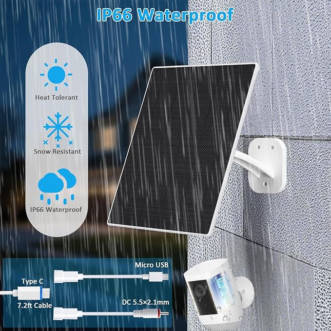 FUTUREZEN Solar Panel for Security Camera, 10W Solar Charger with DC 5.5x2.1mm, USB-C & Micro USB Port, IP66 Waterproof, 360° Adjustable Mount, 7.2FT Cable (2 Pack, White)