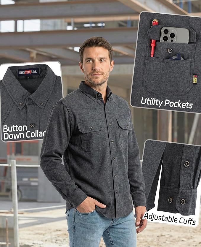 BOCOMAL FR Shirts Button Down Dura-Light 6.5 oz Soft Heather Series Utility Chest Pockets Flame Resistant Work Shirt CAT2