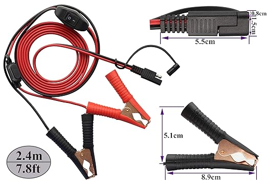 Crocodile Clip Cable 16 AWG Wire Harness SAE to Battery Alligator Crocodile Clip12V DC Extension Cord with Switch and Fuse Box Quick Connect/Disconnect Snap Action Cable(2.4m/7.8ft -Fuse Box)