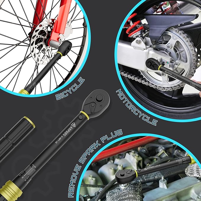 3/8-Inch Drive Click Torque Wrench (5-45 Ft-Lb / 6.8-61 Nm), Lightweight Aluminum Design, High Precision 72-Tooth Reversible Ratchet for Bicycles, Motorcycles & Auto Engine Maintenance