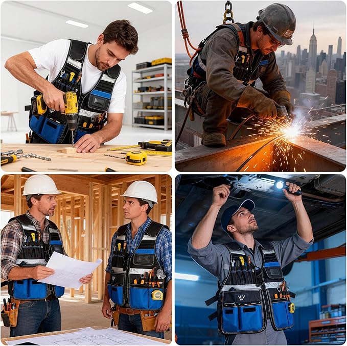 Electrician Tool Vest, Tool Vest for Men, Tool Vest Electrician with Drill Holster, 17 Storage Spaces, 1680D Heavy Duty Adjustable Work Vest with Reflective Strips, Blue