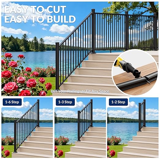 Egadis 36 in. H x 6 ft. W Porch and Deck Railing Kit with 2 Post, Aluminum Stair Railing Kit, Textured AAMA 2604 Powder-Coat Finish Rail System for Concrete Steps or Wooden Stairs (2 Post, 1 Panel)