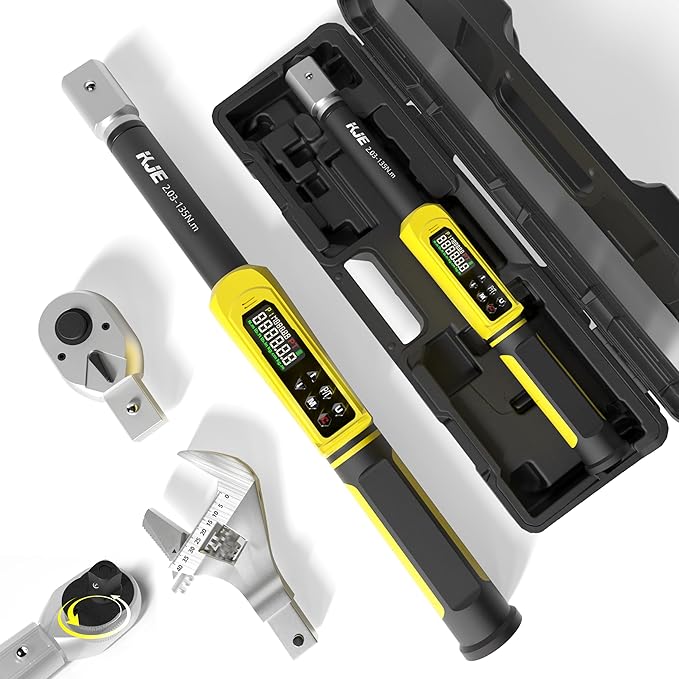 KJE 1/2" Adjustable Digital Torque Wrench, ±1% Accuracy, 1.5-99.6 Ft.lb/2-135 Nm, Replaceable head HVAC Torque Wrench set with 45mm Jaw, Vibration, Buzzer, and LED Indicator for Split AC, Moto, Car