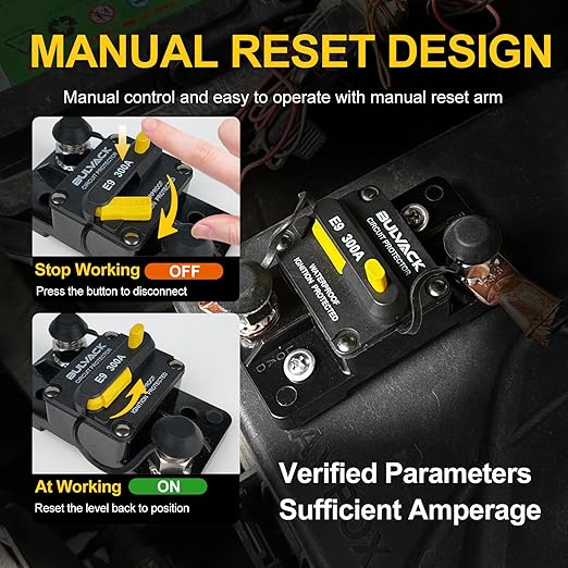 E9 3/8" Studs 300 Amp Circuit Breaker with Manual Reset for Automotive Boat ATV Vehicles Stereo Car Audio | 12V - 48V DC | Waterproof IP67 Switchable Hi-Amp 300A - Extended Surface Mount
