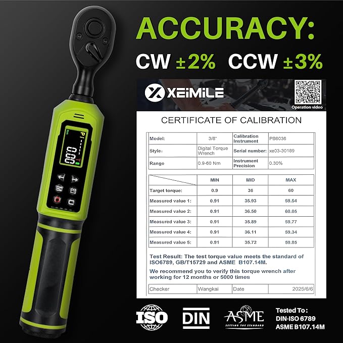 Digital Torque Wrench 3/8"Drive-0.66-44.25Ft.Lb, 0.9-60N.m, Electric Torque Wrench With Vibration Buzzer LED Indicator, ±2% Accuracy Five Units for Bike Motorcycle Car Auto Repair,Green Black