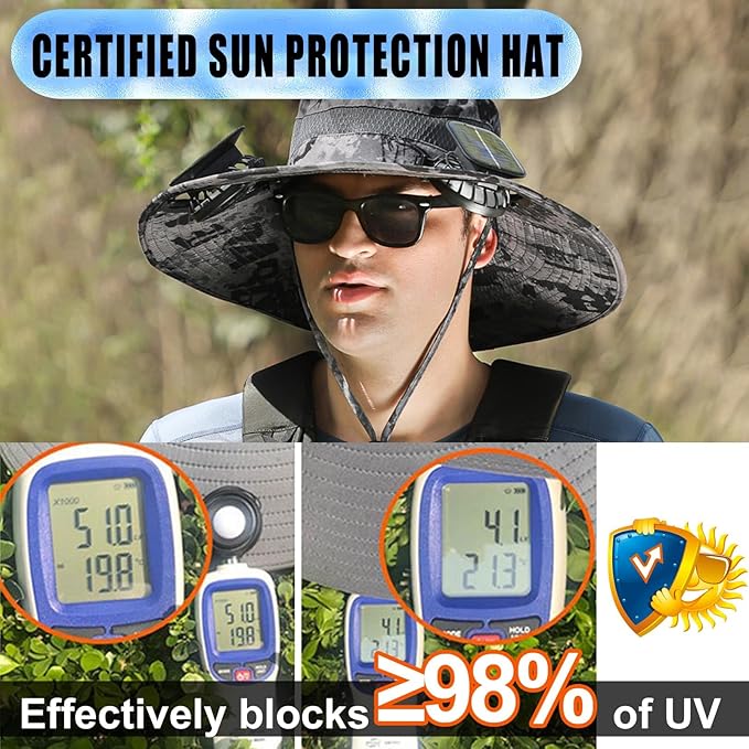 Solar Fan Sun Hat, Widen Brim Outdoor Fishing Men Hat with 2 Fans, Adjsutable 180°Rotating Cooling UPF 50+