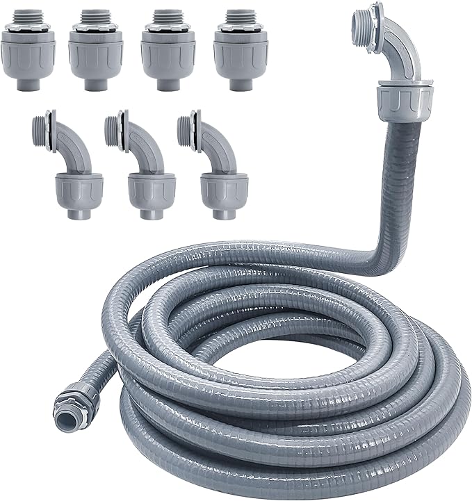 Liquid-Tight Conduit - 1/2inch 25 Foot Flexible Non Metallic Liquid Tight Electrical Conduit Kit, With 4 Straight and 3 90-Degree Conduit Connector Fittings.1/2" Dia
