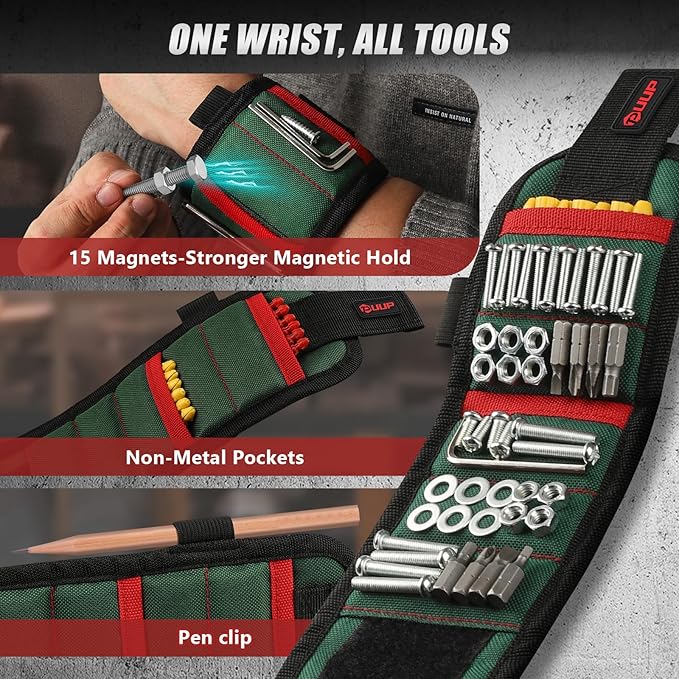 Magnetic Wrist band for Tools, Tool Belt Wrist Band with 15 Powerful Magnet, Adjustable Wrist Screws Holder, Birthday Gifts for Men, Dad, Him, Mechanic, Woodworker, Handyman