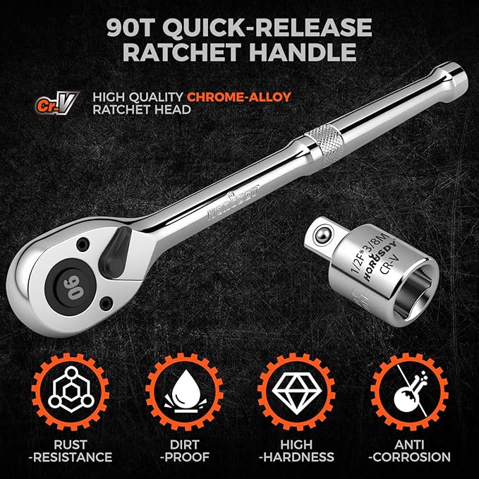 HORUSDY 1/2" Drive 90T Quick-Release Ratchet Handle, Reversible Chrome Alloy Socket Wrench with 1/2" to 3/8" Adapter, Durable and Comfortable for Automotive, DIY, Industrial and Bicycle Repairs