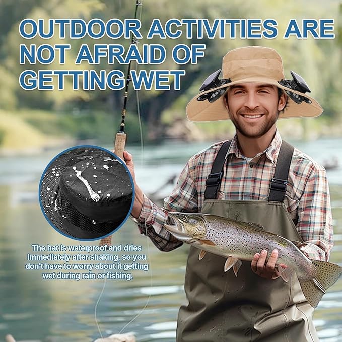 Wide Brim Solar Fan Outdoor Fishing Hat, 2 Solar Fan Hats for Men, Hat with Solar Fans Built in, Fishing Hat with Fan for Men