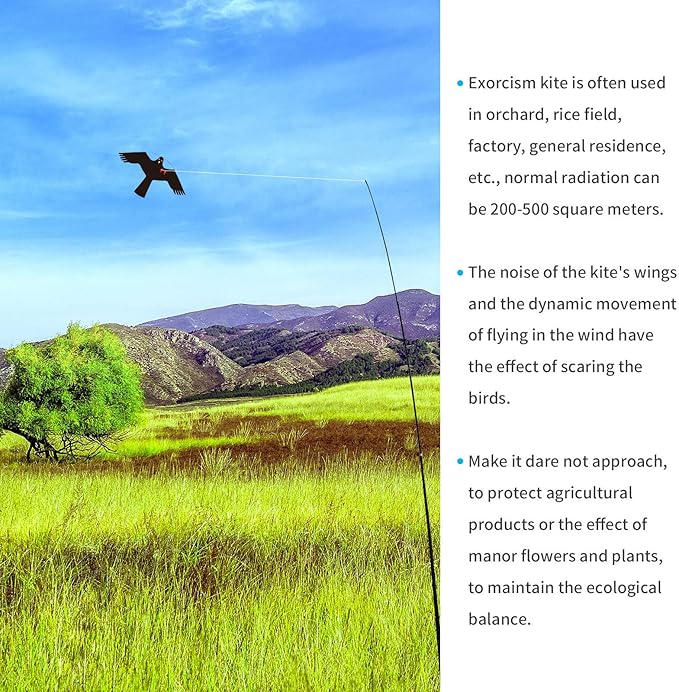eyijklzo Bird Scarer Flying Kite Crops Farm Flying Bird Hawk Flying Kite with 4m Telescopic Pole, Black