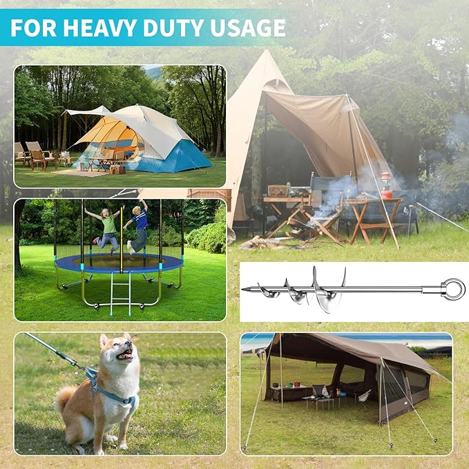 Phopich 18'' Ground Anchors, Fully Welded Heavy Duty Ground Anchors Screw in Swing Set Anchors Chrome Plating Anti Rust Ground Anchor with Straps for Dogs, Trampoline Stakes Resistant High Wind 4 Pack