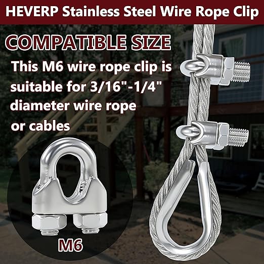 10Pcs M6 1/4 Inches Stainless Steel Wire Rope Clips Cable Clamp,5PCS Thimbles