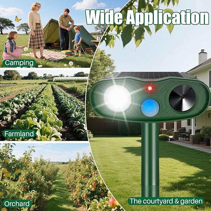 2 Pack Ultrasonic Animal Repellent Outdoor, Solar Deer Repellent Motion Sensor Cat Squirrel Rabbit Repeller, Waterproof Goose Dog Raccoon Deterrent with LED Strobe Flash Lights