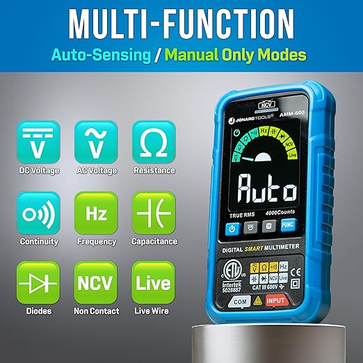 Jonard Tools AMM-600 Automatic Intelligent Digital Multimeter ETL Certified 4000 Counts TRMS, Test A/C D/C Voltage, Resistance, Continuity, Frequency, Capacitance, Diode, NCV, and Live Wire, 600V