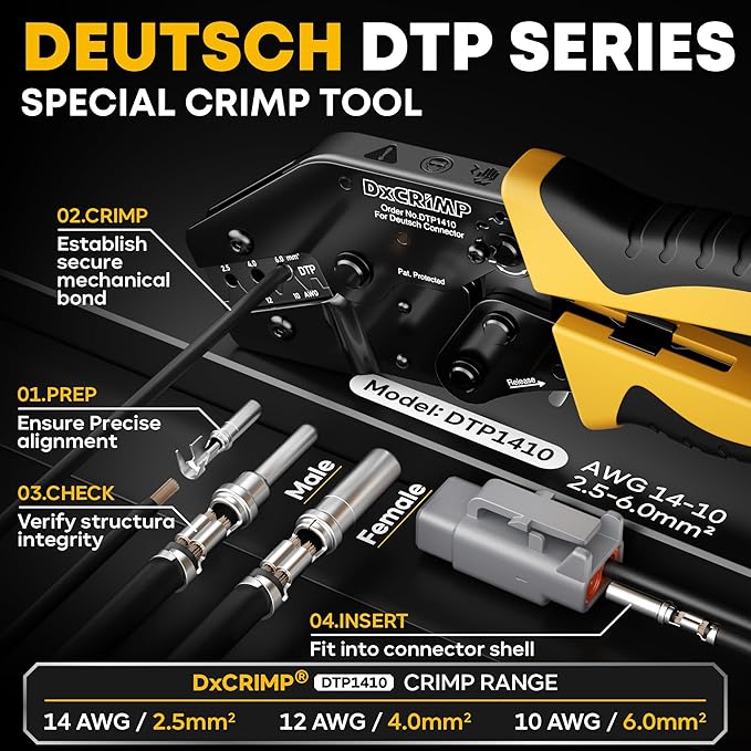DTP Connector Crimping Tool Kit, 1/2/4/6 Pin 25A Waterproof Automotive Electrical Connectors, Size 12 Stamped Contacts (14-10 AWG), Ratcheting Crimper & Removal Tool, Compatible Deutsch DTP