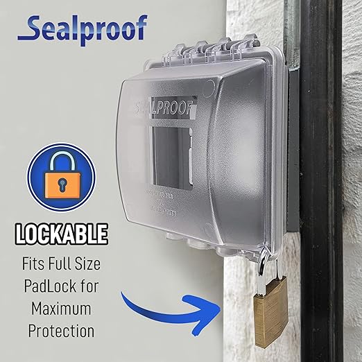Sealproof 2-Gang Weatherproof Exterior in Use Outlet Cover and Box Kit - Double Gang Metallic Electrical Outlet Box with Three 1/2-Inch Holes and UL Extra Duty, Lockable, in Use Outdoor Outlet Cover