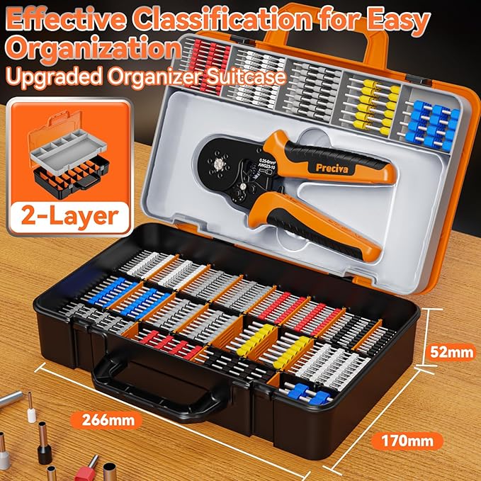 Preciva Ferrule Crimping Tool Kit, Hexagonal Ferrule Crimper AWG23-10/0.25-6mm² with 19 Sizes Wire Connectors, Self-Adjustable Ratchet Wire Crimping Pliers