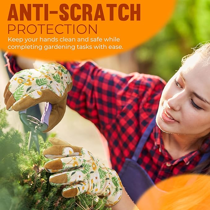 HANDLANDY Work Gloves for Women, Breathable Leather Gardening Glove for Yard Maintenance, Hand Protection with Touch Screen
