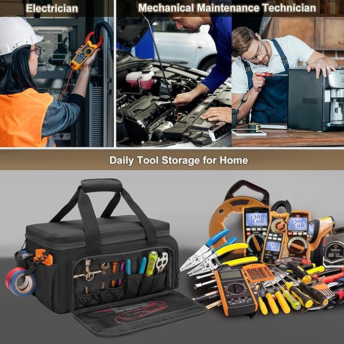 14-Inch Tool Bag with Anti-friction Bottom, Hand Tool Storage Organizer for Men, Tactical Range Bag, Multi-purpose Work Tote for Repairman, Carpenters, Handyman, Black