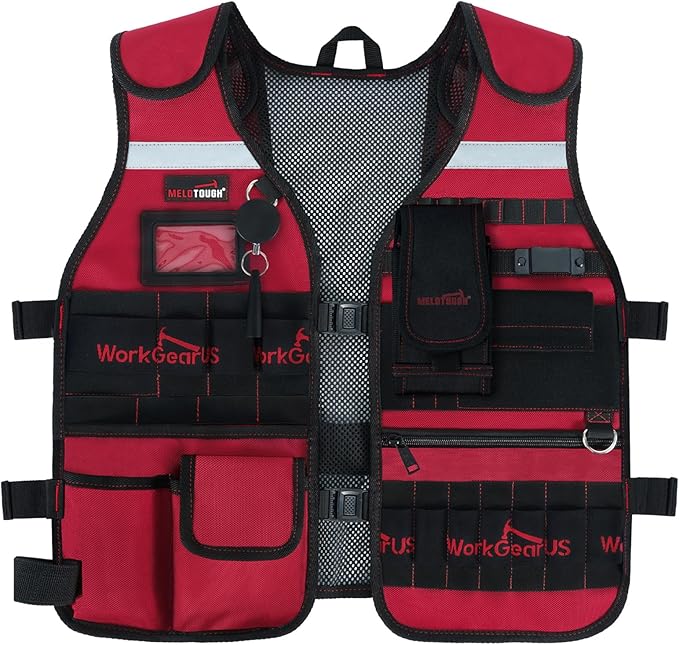 MELOTOUGH Tool Vest Safety Work Vest with Adjustable Straps,Removable Phone Holder for Electrician,Construction,Carpenters