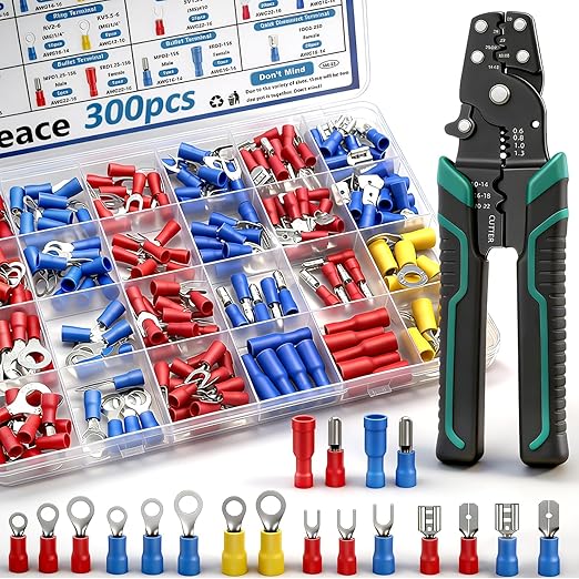smseace 300pcs 19 Values Electrical Crimp Connectors with Crimping tool spade connector kit Fork Spade Butt Ring Bullet Crimp Connectors