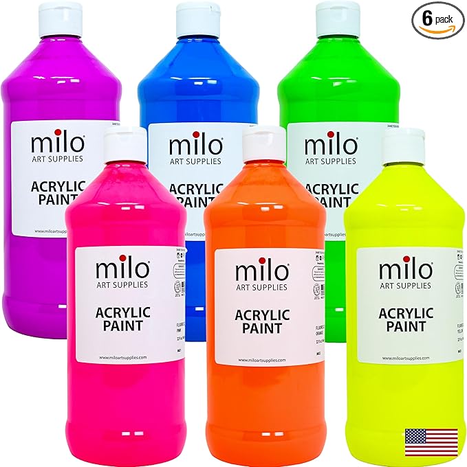 milo Fluorescent Acrylic Paint Set of 6 Colors | 32 oz Bottles | Student Neon Colors Acrylics Painting Pack | Glows UV in Black Light | Non-Toxic Art & Craft Paints for Artists & Hobby Painters | Made in USA