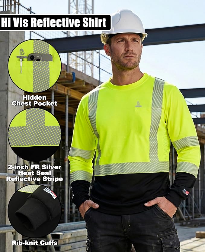 BOCOMAL Reflective FR Shirts High Visibility Summer Vented Mesh Long Sleeve Crewneck Lightweight Flame Resistant Workwear