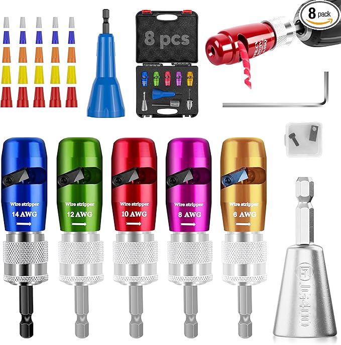 US Regulations Wire Stripping for Drill, Wire Stripping Tool & Wire Twisting Connector Set, Wire Twister Tool for Drill, 8 in 1 Quickly Drill Wire Stripping Professional Electrician Tools Set（8pcs）