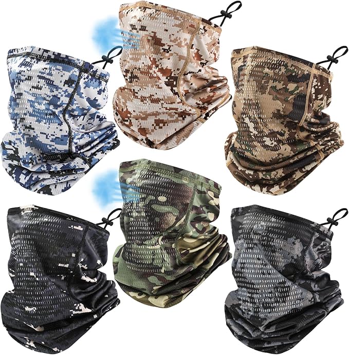 6 Pcs Adjustable Cooling Neck Gaiter Breathable Camo Balaclava for Men Face Mask Strap Mesh UV Sun Scarf for Summer Hunting Sports Cycling
