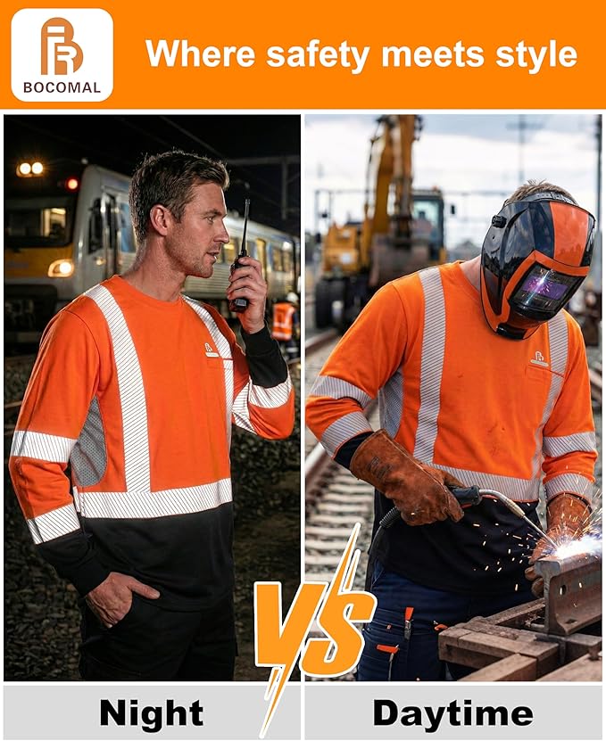 BOCOMAL Reflective FR Shirts High Visibility Summer Vented Mesh Long Sleeve Crewneck Lightweight Flame Resistant Workwear