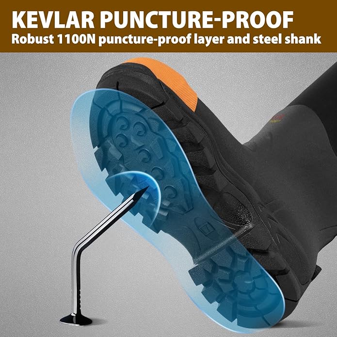 Rubber Work Boots for Men with Steel Toe, 1100N Puncture-Proof Hunting Boots with 7mm Neoprene Waterproof and EVA Midsole, Adjustable Back Gusset, Ideal for Hunting, Work, and Farming Size 7-14
