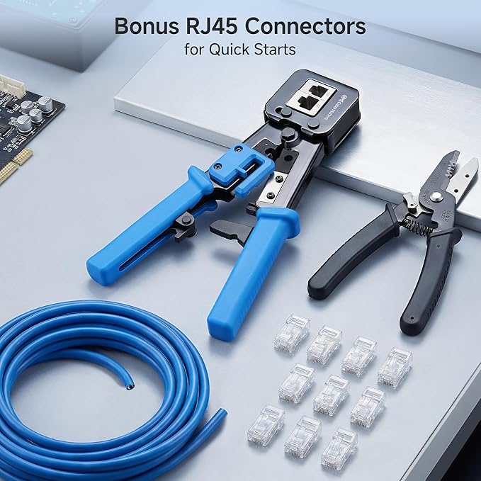 Cable Matters Modular RJ45 Crimp Tool for Pass-Through Connectors (Pass-Through Ethernet Crimper) with Built-in Wire Cutter and Stripper - 10-Pack Cat6 RJ45 Connectors Included