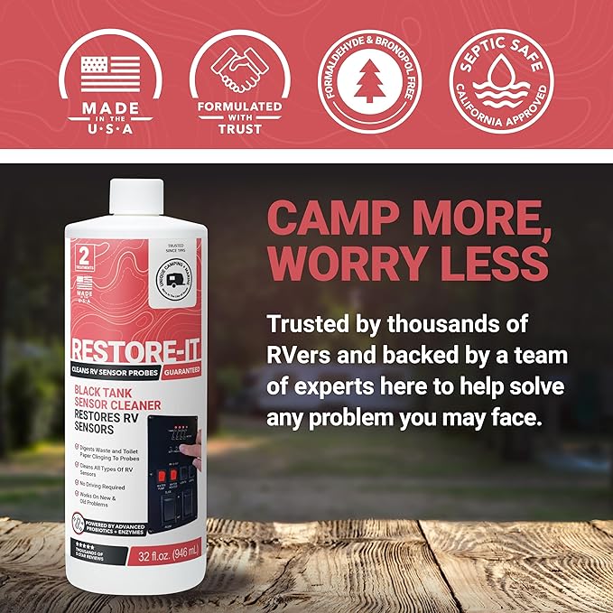 Unique Restore-It RV Sensor Cleaner Liquid – Cleans Dirty Sensor Probes for Misreading RV Black Tank Sensors – 2 Treatments Per Bottle, 32 oz (2-Pack)
