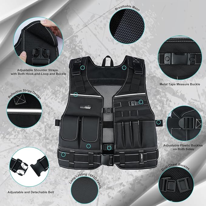 MELOTOUGH Tool Vest for Men with Pouches and Belt, Adjustable Multi-Pocket Safety Tool Vest for Electrician, Carpenter(Black)