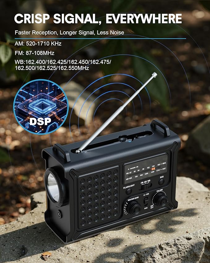OnLyee Emergency Radio, Hand Crank & Solar Powered NOAA Weather Radio, 12000mAh Power Bank, AM/FM, LED Flashlight & Reading Lamp for Hurricane, Blizzard, Power Outage, Outdoor Camping, Survival Gear