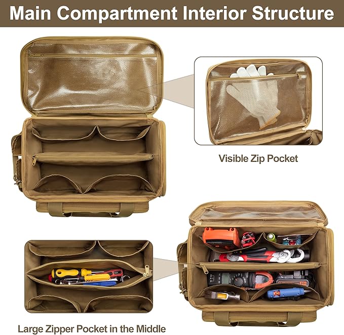 14-Inch Tool Bag with Anti-friction Bottom, Hand Tool Storage Organizer for Men, Tactical Range Bag, Multi-purpose Work Tote for Repairman, Carpenters, Handyman, Khaki
