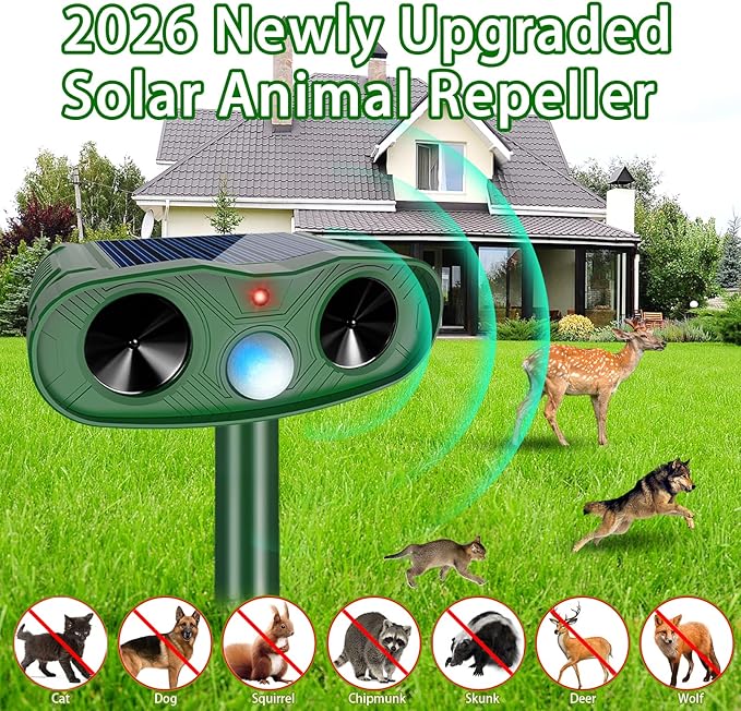 2026 Upgraded Ultrasonic Animal Repellent Outdoor (2 Pack), Solar Powered Animal Repeller with Motion Sensor, Effective Cat Deterrent and Deer Repellent for Yard, Garden, Squirrel & Dog Deterrent