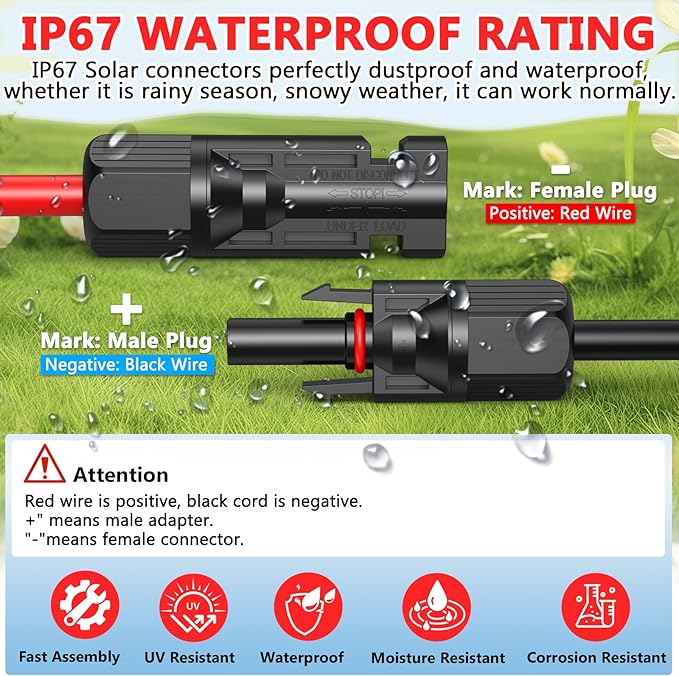 2x20 Feet Solar Panel Extension Cable, 12AWG Solar Cable, Solar Panel Cable with Female and Male Waterproof Connectors for RV, Photovoltaic Systems (20FT Red + 20FT Black)