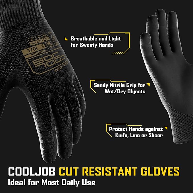 COOLJOB A3 Cut Resistant Fishing Gloves for Men, Touchscreen Safety Work Gloves with Grip Nitrile Rubber Coating for Glass Handling Wood Carving, Saltwater Fishing Gear, Black, Xlarge, 3 Pairs