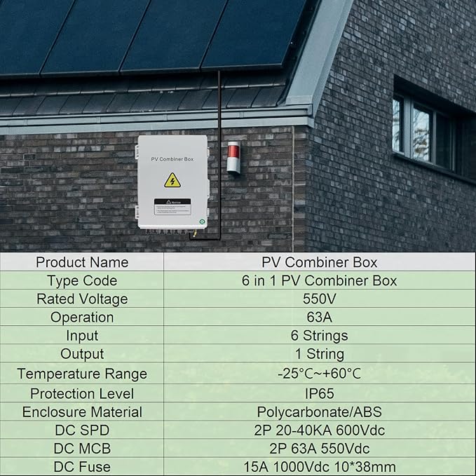 Solar Combiner Box, HXH PV Combiner Box 6 String with a 550V 2P 63A DC Circuit Breakers & Lightning Arreste for Solar Panels, IP 65 Waterproof